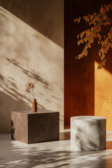 Natural Stone Product Display Podium on Warm-Toned Plain Background – Design Layout