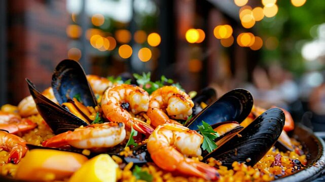 A pan of delicious seafood paella with shrimp and mussels on a restaurant terrace. Spanish cuisine and dining out concept. Footage for a food travel show, restaurant advertisement or a cooking blog
