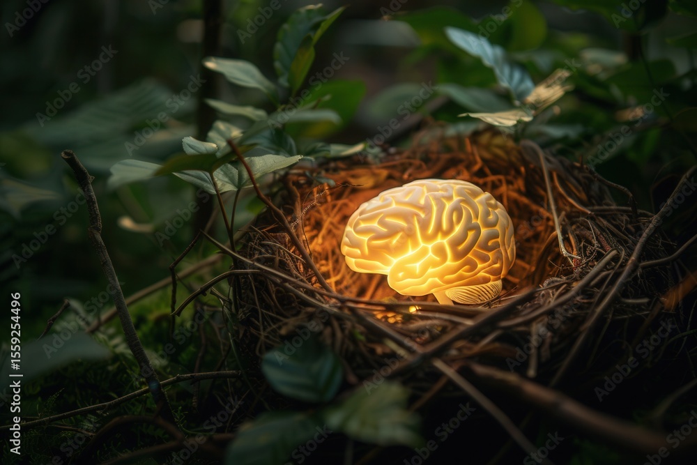Poster glowing brain resting in bird's nest symbolizing nurturing intelligence