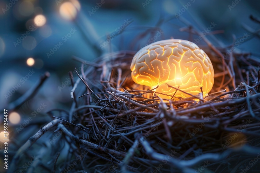 Poster glowing brain resting in bird's nest symbolizing nurturing and growth