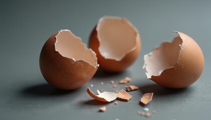 Three broken brown eggshells on gray surface. Cracked shells evoke fragility, waste. New beginnings, the cycle of life, concept impermanence is visualized with egg fragments.
