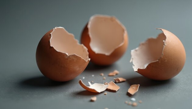 Three broken brown eggshells on gray surface. Cracked shells evoke fragility, waste. New beginnings, the cycle of life, concept impermanence is visualized with egg fragments.