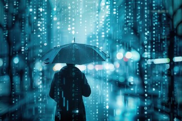 Businessman holding umbrella under digital rain of binary code in city
