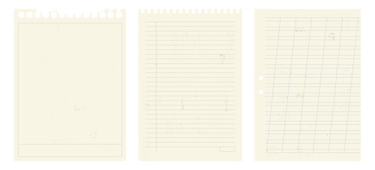 Blanks with grunge realistic texture. Ripped notebook paper sheets, lined pages from old notepad.