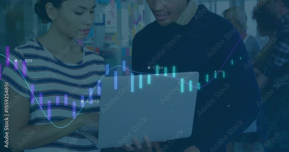 Poster two coworkers reacting to shifting financial data by typing and pointing at animated charts