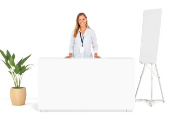 Woman standing behind white promo counter mockup, ai generated