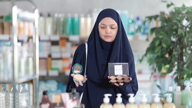 Muslim woman in traditional dress looking with interest at compact powder and foundation shades, carefully matching products for natural daily makeup at local drugstore