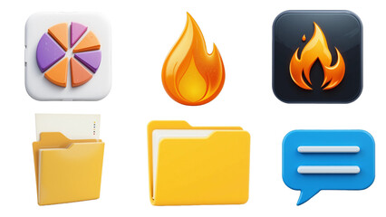 Colorful 3D Icon Set – Pie Chart, Flame, Folder, Speech Bubble, and More