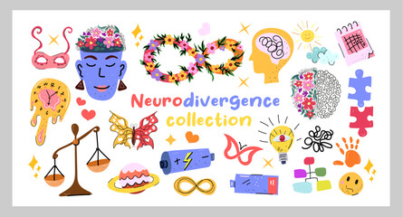 Neurodivergence collection colorful vector illustration with ADHD autism symbols and mental health icons perfect for stickers posters prints cards education and awareness