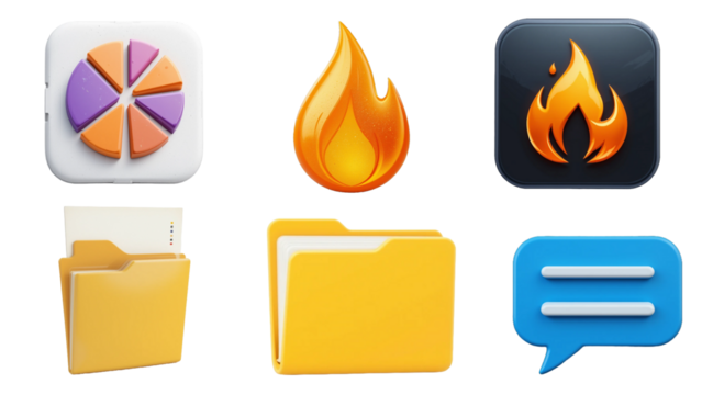Colorful 3D Icon Set – Pie Chart, Flame, Folder, Speech Bubble, and More