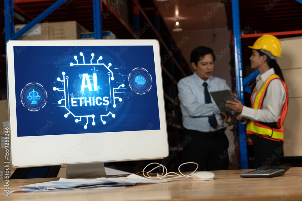 Poster ai ethics responsibility standard law and rules on computer screen provide report of ai ethic transp