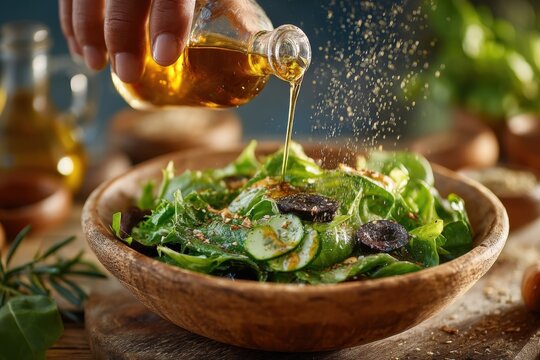 A person is pouring olive oil over a vibrant salad filled with greens and slices of cucumber in a warm kitchen atmosphere