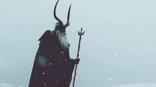 Krampus, the christmas demon, standing in a snowy landscape during a snowfall. Folklore and horror concept. Footage for a dark fantasy, halloween event or a heavy metal music video