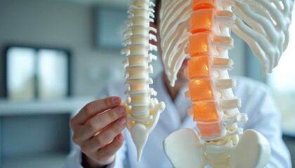 Medical pro examines 3D spine model areas of concern. Doctor in clinic setting consults patient about vertebral column health, pain. Anatomy lesson, medical education, orthopedic treatment.