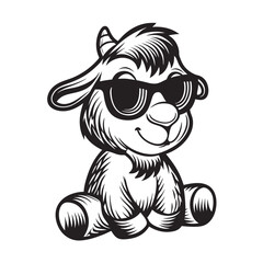 Adorable black and white llama wears sunglasses and sits comfortably in a fun vector