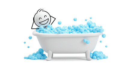 Naklejka premium Relaxing bubble bath time illustration for spa day and self care concepts with stick figure character on transparent background
