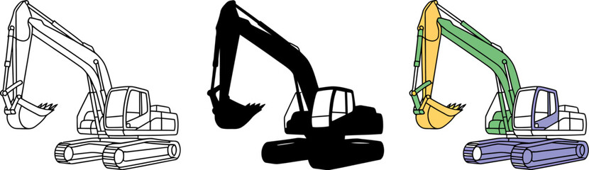 Excavator construction vehicle illustration vector graphic design and outline silhouette colorful art 100 vector illustration