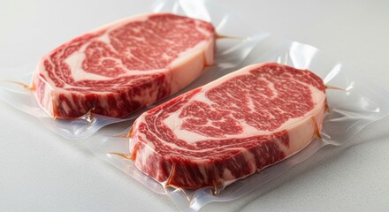 Fototapeta premium Two premium raw beef ribeye steaks with rich marbling, vacuum-sealed in clear plastic, placed on a light surface, representing freshness and professional packaging for quality meat.