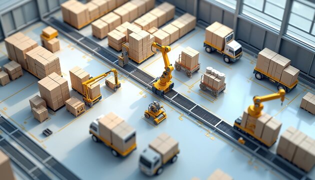 Advanced warehouse setup with robotic assistance for efficient manual operations. Logistics processes streamlined, warehouse featuring automation, technology, advanced machinery. Smart supply chain