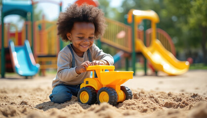 Adorable african child with afro hair plays in sandbox at playground. Happy little boy enjoys sand with yellow toy loader. Sunny day, kid smiling, having fun outdoors. Childhood happiness.