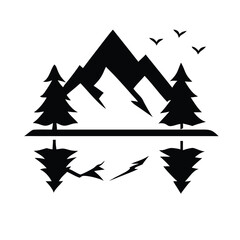 Mountain Lake Silhouette A minimalist black and white illustration of a serene mountain lake scene, with evergreen trees and majestic mountains reflected in the still