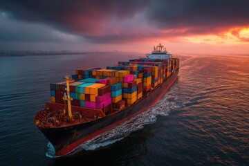 A large container ship sails smoothly over gentle waters as vibrant cargo containers stand out against a stunning sunset backdrop