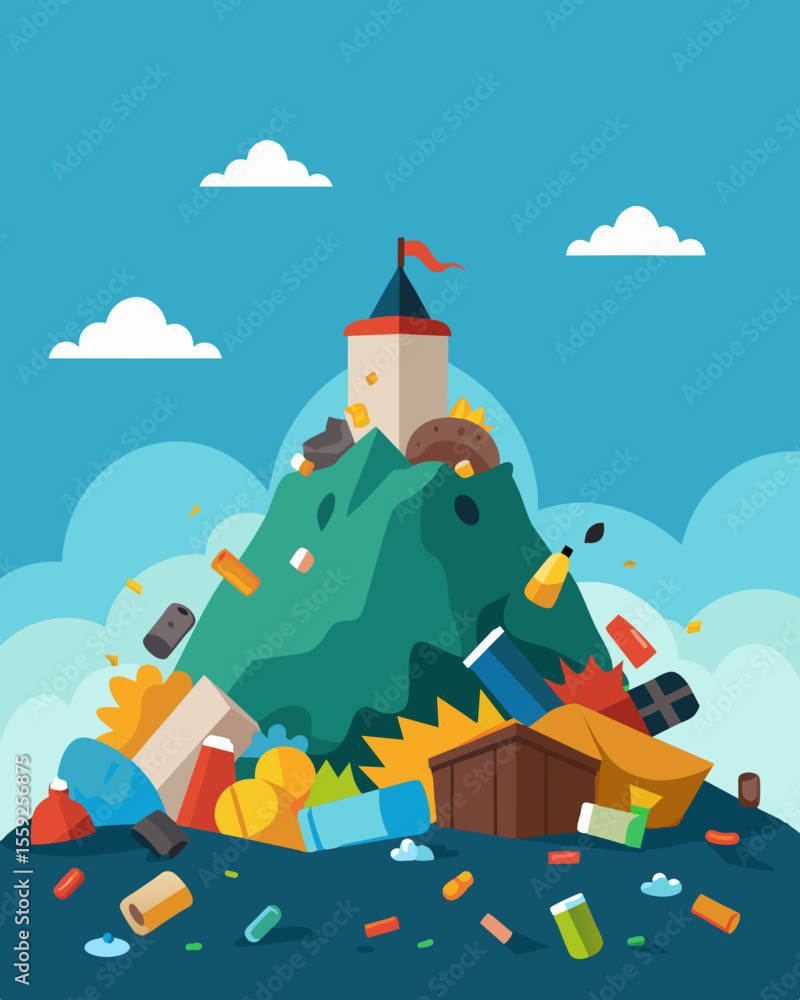 Poster a landfill overflowing with waste a result of overconsumption and lack of recycling.. vector illustr