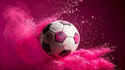 Naklejka premium Black and white soccer ball bursting through pink powder on vibrant gradient background
