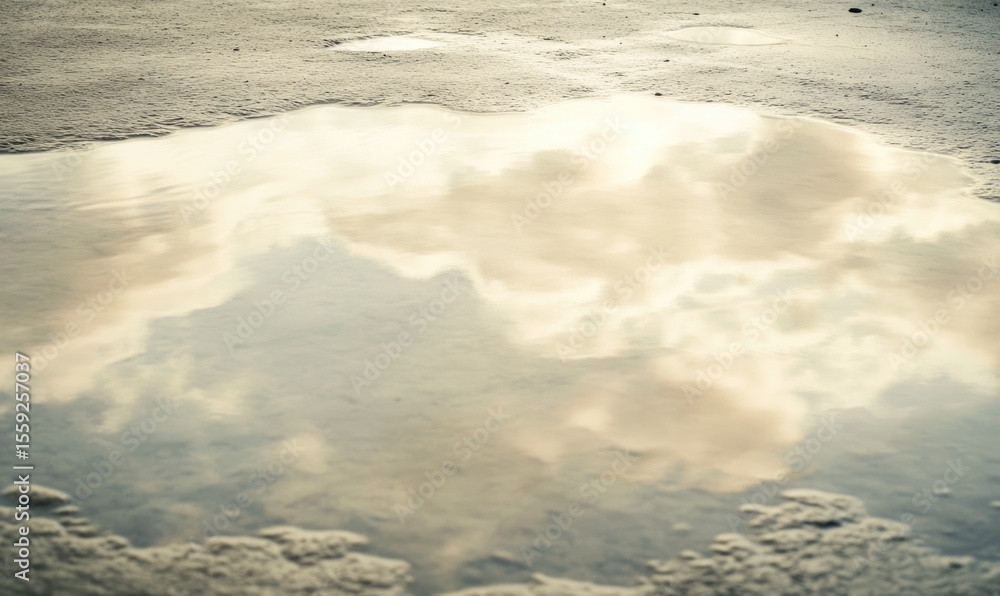 Poster a puddle of water on the ground with a reflection of clouds in it