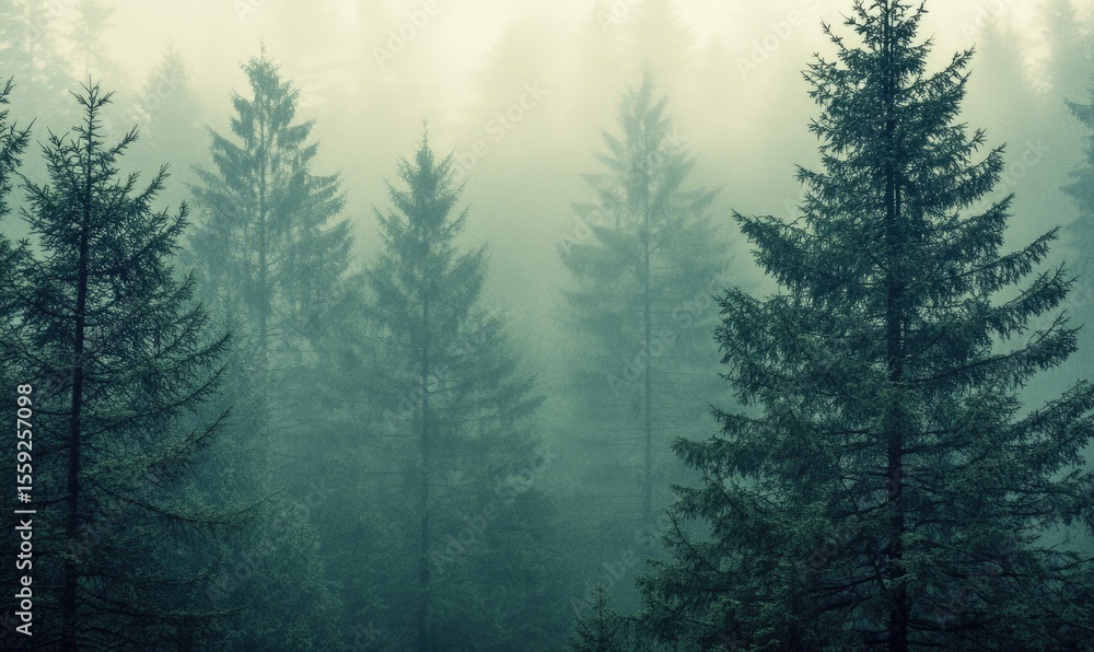 Poster a forest with trees that are wet and covered in mist