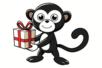 Adorable cartoon monkey cheerfully presents a white gift box tied with a vibrant red ribbon