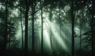 Obraz premium A forest with trees and sunlight shining through the leaves