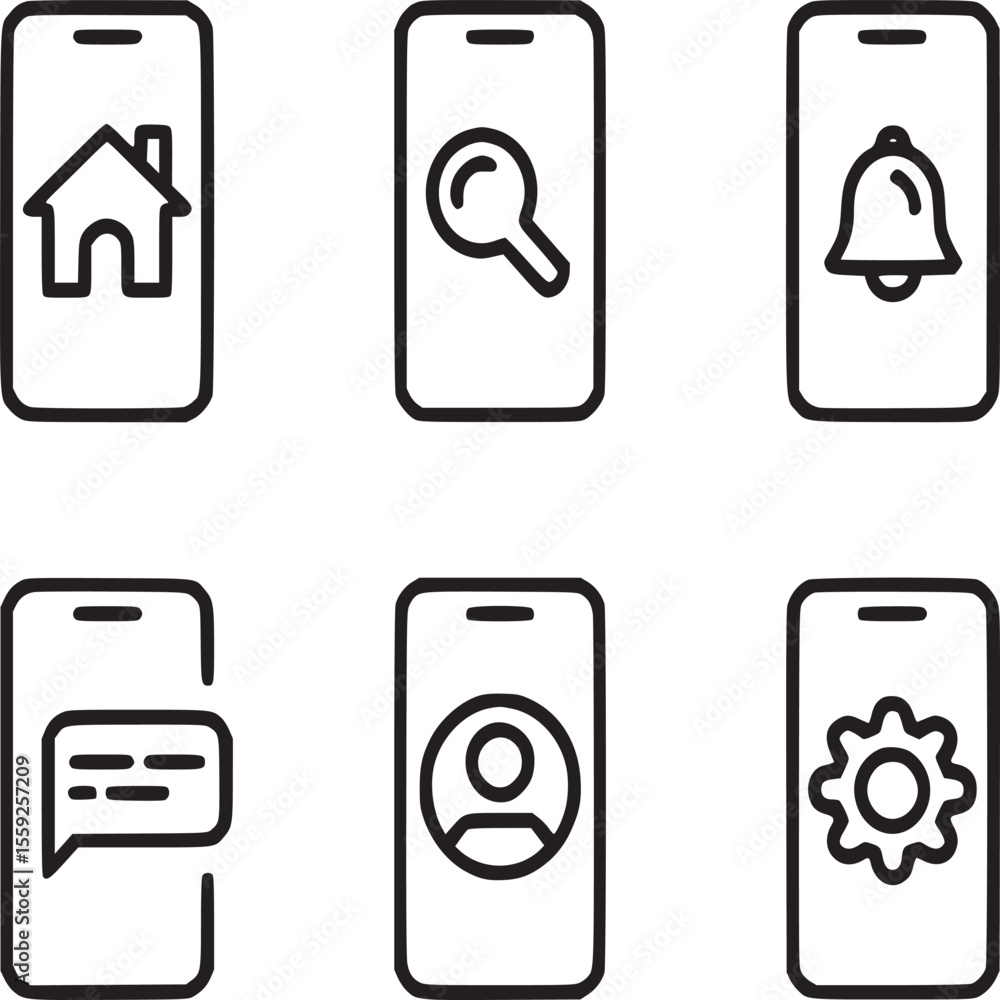 Poster six smartphone icons displaying home search notification chat profile and settings in black outline