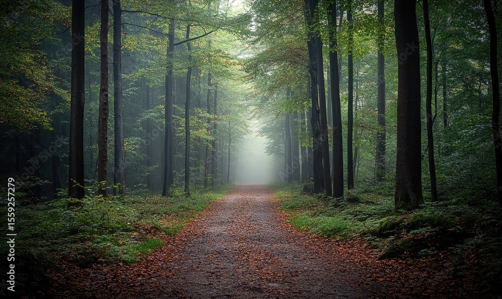Poster a forest path with trees and a foggy atmosphere