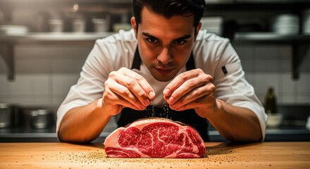 A professional chef or butcher seasoning a raw piece of marbled red meat with spices, captured up close in a kitchen setting, emphasizing culinary preparation and quality ingredients.