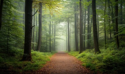 Obraz premium A forest path with trees and leaves on the ground