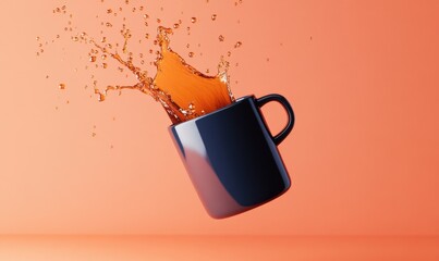 A cup of coffee is flying through the air, leaving a splash of coffee behind it