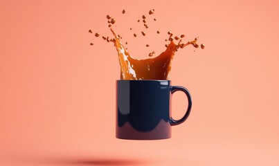 A cup of coffee is shown in mid-air, with a splash of coffee spilling out of it