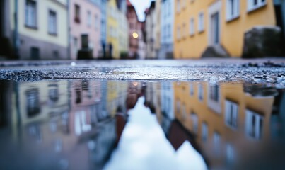 Obraz premium A street view of a city with a puddle of water reflecting the buildings