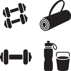 Four panel image showing dumbbells yoga mat water bottle and bucket in black and white style