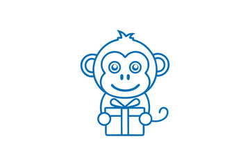 A cheerful monkey outline smiles, holding a wrapped blue gift on a white backdrop
