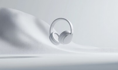 A pair of white headphones are placed on a white background