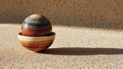Stone orb in a small dish on tan sandstone creating a shadow in the afternoon light