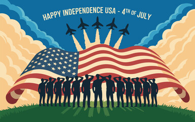 Patriotic American Soldiers Saluting Under Flag with Fighter Jets 4th of July Independence Day USA Illustration