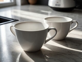 Fototapeta premium A set of clean white ceramic cups on a kitchen