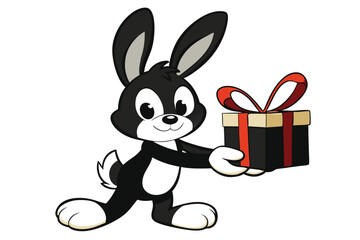 A cartoon bunny with black fur is carrying a present with a ribbon