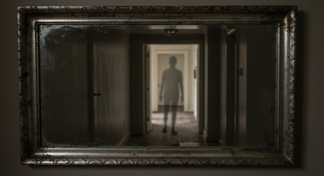 Old mirror with a ghostly woman reflection inside a dark hallway, a haunting concept for Halloween and scary themes.