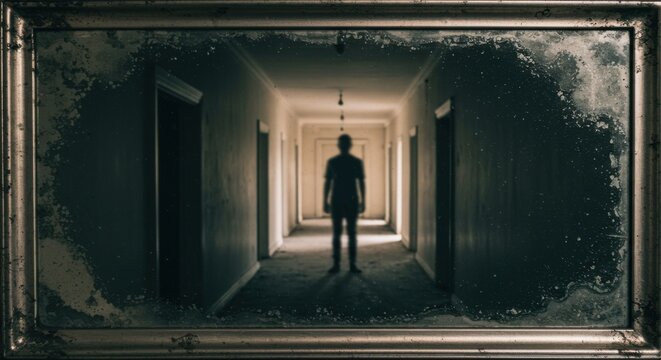 Silhouette of a man in a long dark hallway reflected in an old vintage dirty mirror. Spooky concept for Halloween.