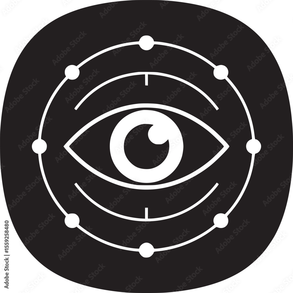 Poster eye symbol with circular lines and dots on a black rounded square background illustration