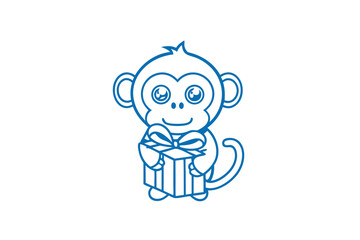 A playful monkey holds a present adorned with a bow, all rendered in blue outlines